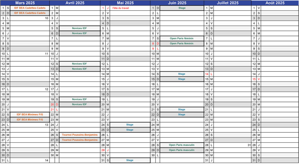 comité île-de-france boxe, calendrier des compétitions