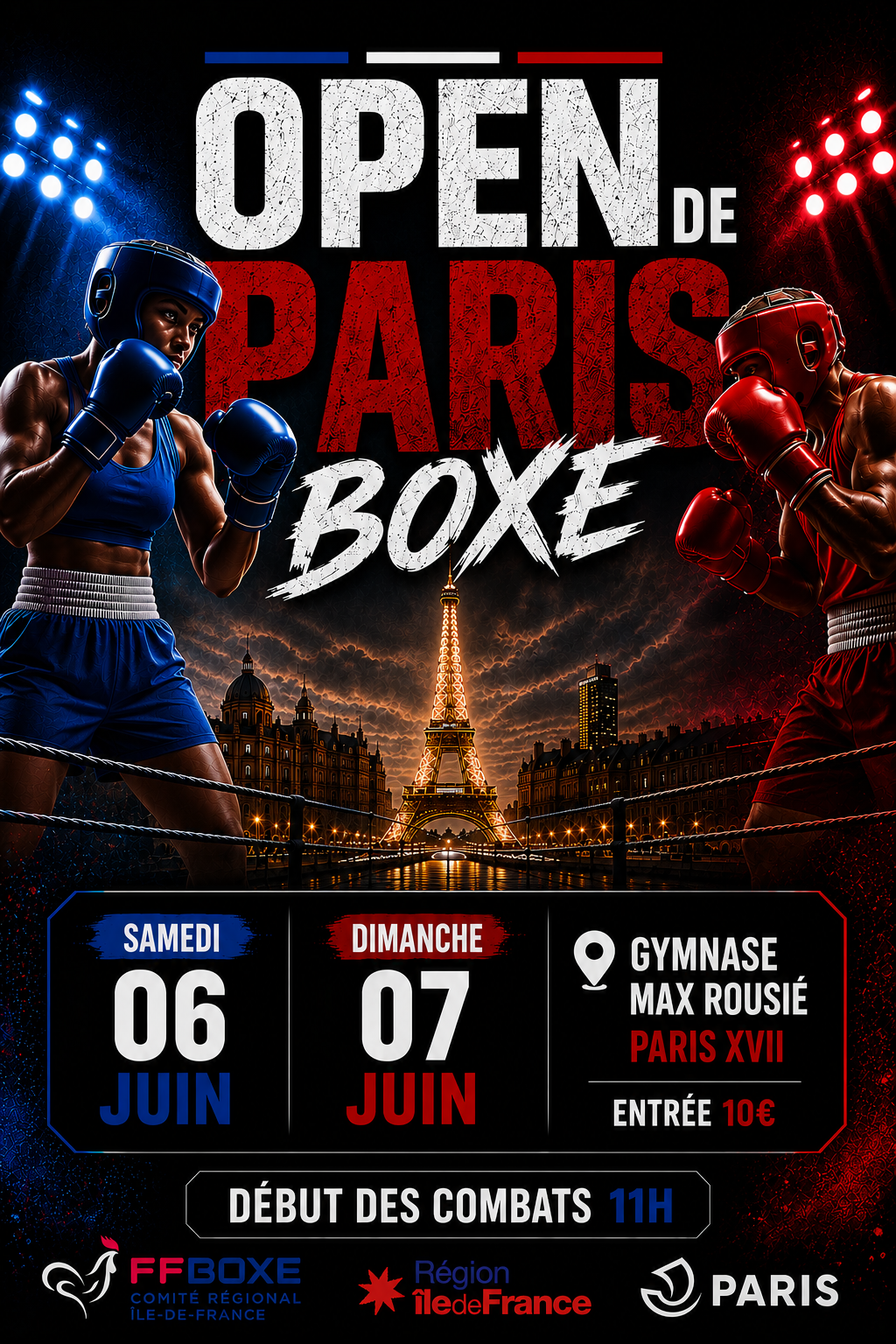 Promotional poster for Open de Paris Boxe showing blue and red boxers facing off with the Eiffel Tower in the background.