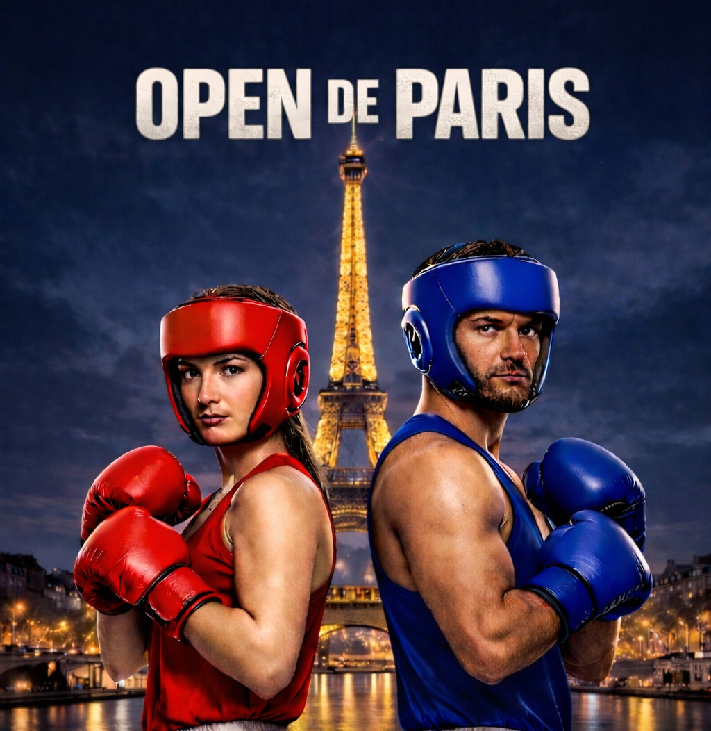 Poster for Open de Paris boxing; female fighter in red gloves and headgear and male fighter in blue gear stand back-to-back in front of the lit Eiffel Tower at night.