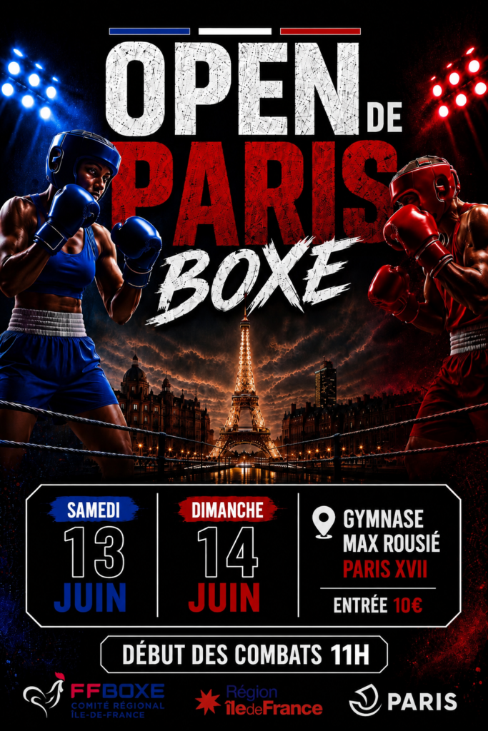 Open de Paris Boxe poster: two boxers facing off with the Eiffel Tower in the background; dates June 13–14 at Gymnase Max Rousié, 10€ entry.